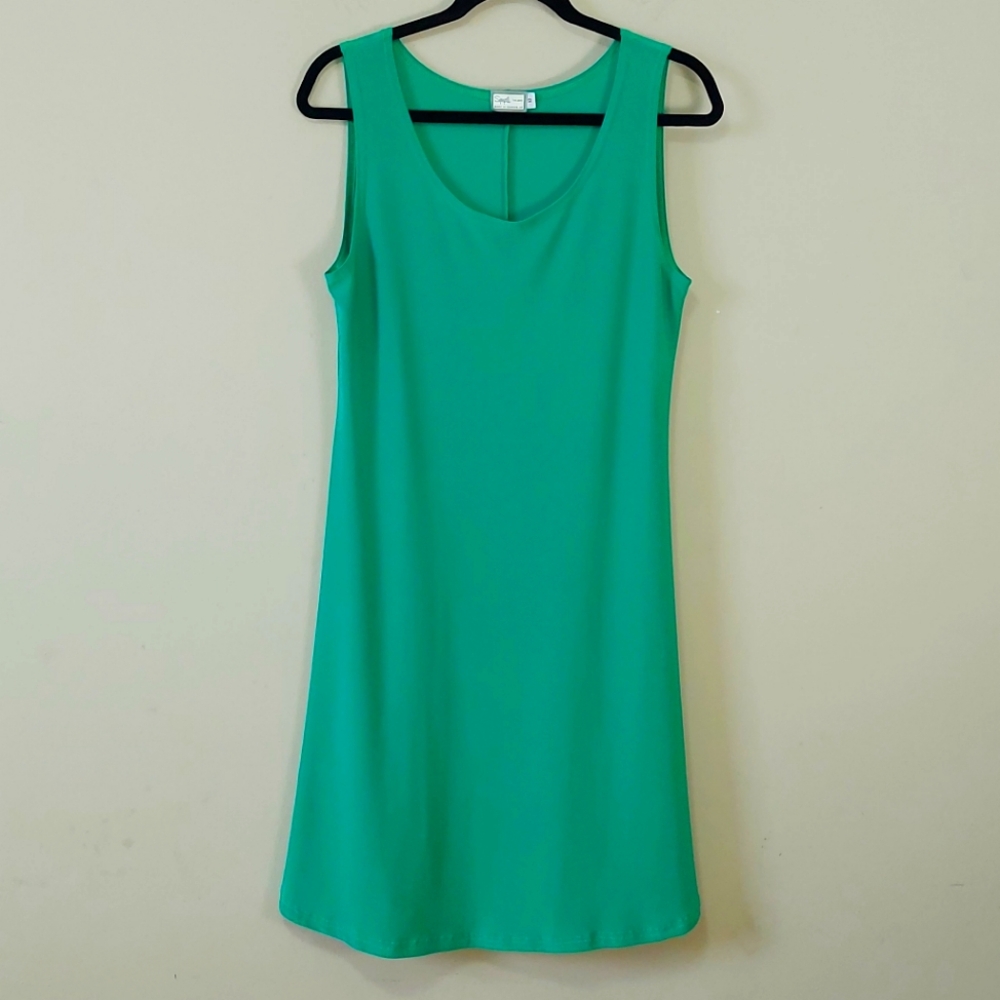 Sympli Flare Sleeveless Dress Size 10 Green Stretch Tunic Cottagecore Scoop Neck
